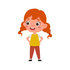 Cute cartoon little girl with red hair. Little schoolgirl character. Vector illustration