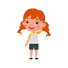 Cute little kid girl with red hair confused. Cartoon schoolgirl character show facial expression. Vector illustration