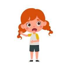 Cute little kid girl with red hair feeling disgusted. Cartoon schoolgirl character show facial expression. Vector illustration