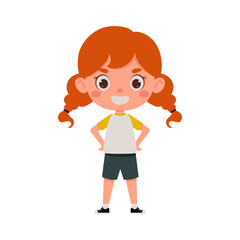 Cute little kid happy girl with red hair smile. Cartoon schoolgirl character show facial expression. Vector illustration