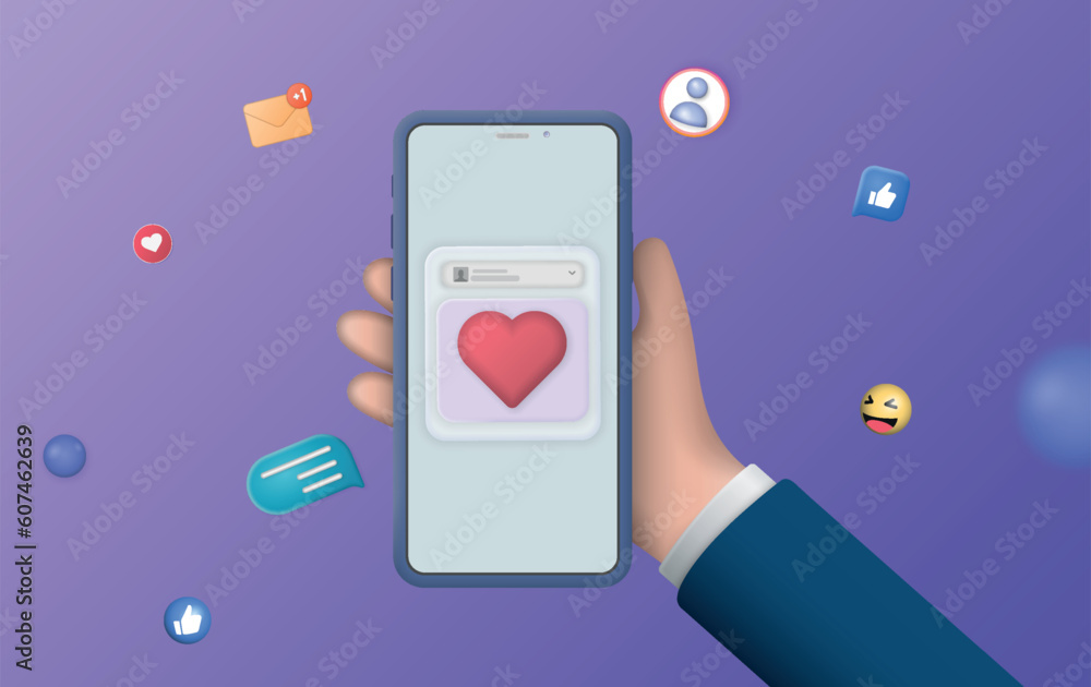 Poster mobile phone with heart and love emoji icon, like and play in red bubble 3d icons. smartphone with h