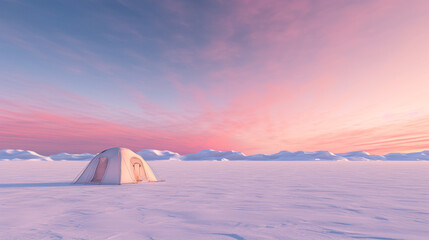 Tent in Antarctica, snow, pastel colors, minimalist