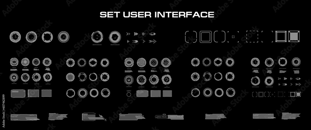 Poster Big set vector elements for graphical user interface. Dialog frames with callouts, circles and titles for modern screens or video games. Set graphic elements for the HUD user interface