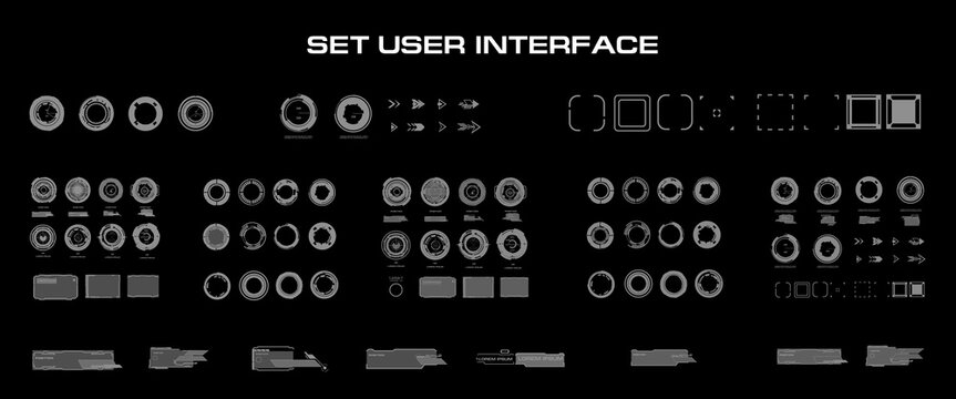 Big set vector elements for graphical user interface. Dialog frames with callouts, circles and titles for modern screens or video games. Set graphic elements for the HUD user interface