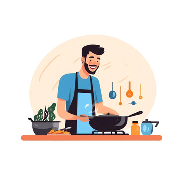 A man cooking at home. A  young man wearing apron and preparing the food in the kitchen. 3D icon cartoon style.