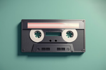Fototapeta premium cinta de cassette antiguo, de los años 80, sobre fondo verde. ilustracion de IA generativa