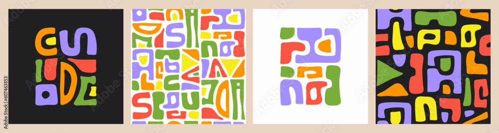 Aufkleber abstract set seamless pattern and prints with bright colorful organic cut out shapes on a black and 