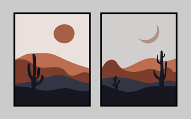 Day and Night Desert Landscape wall art. Abstract Landscape Wall Art, Mountain Decor, Cactus Art. Desert Art