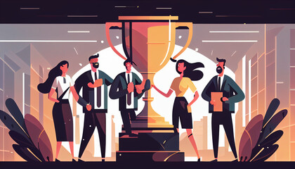 Employees celebrating business success with huge trop illustration Ai generated image