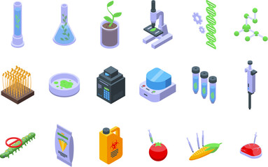 Genetic modification in agriculture icons set isometric vector. Food corn. Health farm