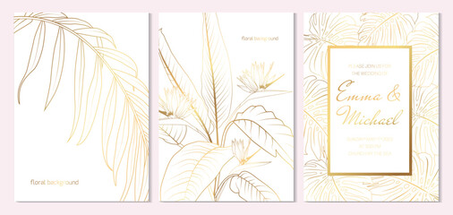 Wedding marriage event invitation card template. Gold tropical jungle monstera leaves, strelitzia flowers or bird of paradise flower and palm leaf border frame line art background. - 607465015