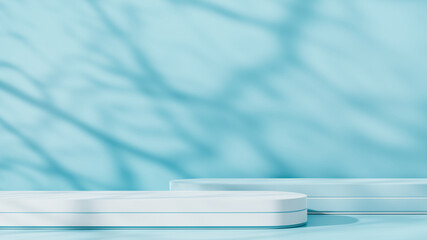 Blue background for product presentation with shadows and light. Two empty platforms. Mockup for...