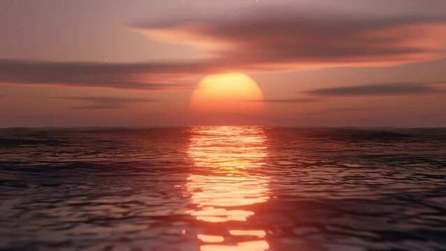 Flying low over ocean at sunset. Stylized looped animation. 3d render.