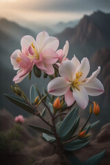Obraz na płótnie Canvas mountain magic, pink flowers atop an enigmatic peak, gentle blur, and misty ambiance. Generative AI