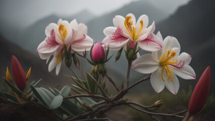 Fototapeta premium mountain magic, pink flowers atop an enigmatic peak, gentle blur, and misty ambiance. Generative AI