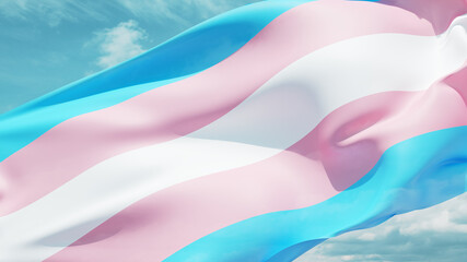 Transgender flag waving in the wind against a cloudy sky.