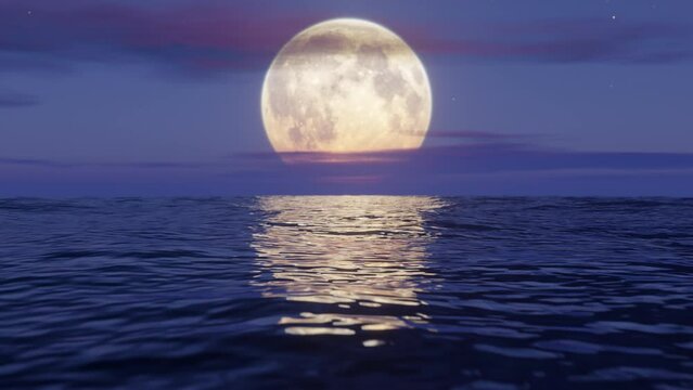 Flying over the ocean at moon night. Stylized looped animation. 3d render.