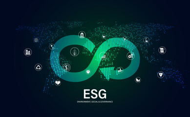 Abstract world map digital modern and icons concept esg environment social and government circular economy environmental protection Sustainable energy on the background, futuristic, modern