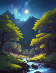 Ai generated art, generative Ai, beautiful fantasy forest, magical fantasy forest, beautiful night forest, beautiful fantasy forest In the enchanting embrace of the night, The scent of blooming flower
