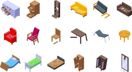 Broken furniture icons set isometric vector. Interior room. Sofa old