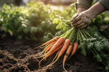 Gardener picking fresh carrot from soil. Generative AI