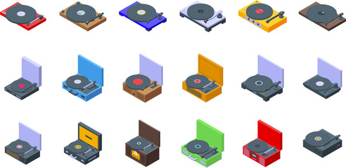 Vinyl player icons set isometric vector. Music record. Old technology