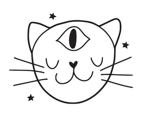 Hand drawn funny cat with third eye on the forehead, isolated on white background vector illustration in doodle line art