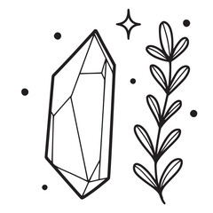 Hand drawn crystal with a magical herb, isolated vector illustration in line doodle style, isolated with white background