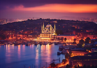 Fototapeta na wymiar Istanbul City Wallpaper Silhouette View over the city at sea with view to mosque at sunrise night Türkiye