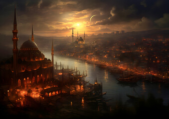 Fototapeta premium Istanbul City Wallpaper Silhouette View over the city at sea with view to mosque at sunrise Türkiye, turkey