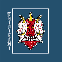 vector illustration of red oni demons between white shinigami mask.  traditional, Japanese style. used for decoration, mascot logo, clothing, print, t-shirt design