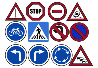 Hoja de iconos con señales de tráfico en fondo blanco. - obrazy, fototapety, plakaty