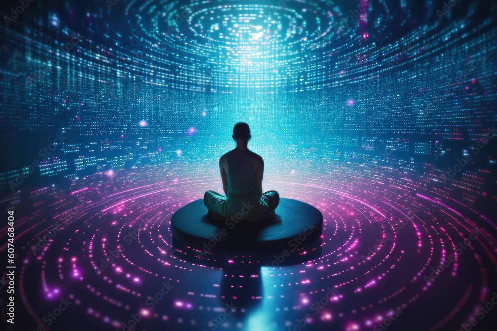 Aufkleber a man sitting with our back to us in a circle of floating holographic digital data