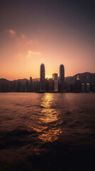 Fototapeta na wymiar Hong Kong City Skyline from Avenue of Stars at Sunset