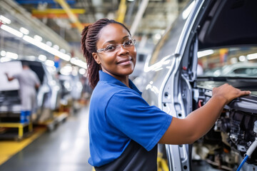 Confident female worker skillfully operating high-tech machinery in a modern automotive manufacturing setting, candid shot, generative ai