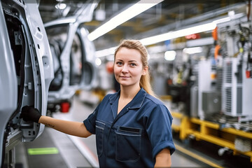 Confident female worker skillfully operating high-tech machinery in a modern automotive manufacturing setting, candid shot, generative ai