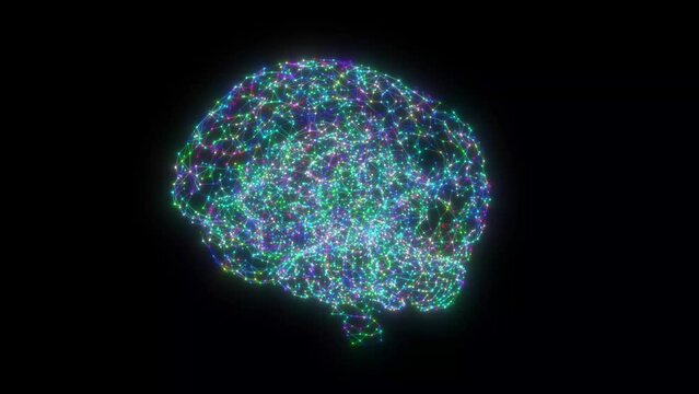 A visualisation of the concentration of consciousness. An image of the brain is formed out of multi-coloured neon geometric scraps and dispersed again.