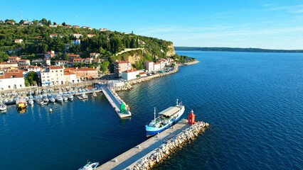 Naklejka na ściany i meble Piran - Slovenia - drone video An aerial view with the drone over the beautiful town of Piran