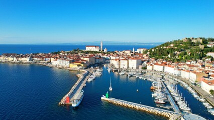 Obraz premium Piran - Slovenia - drone video An aerial view with the drone over the beautiful town of Piran