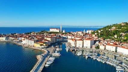 Fototapeta premium Piran - Slovenia - drone video An aerial view with the drone over the beautiful town of Piran