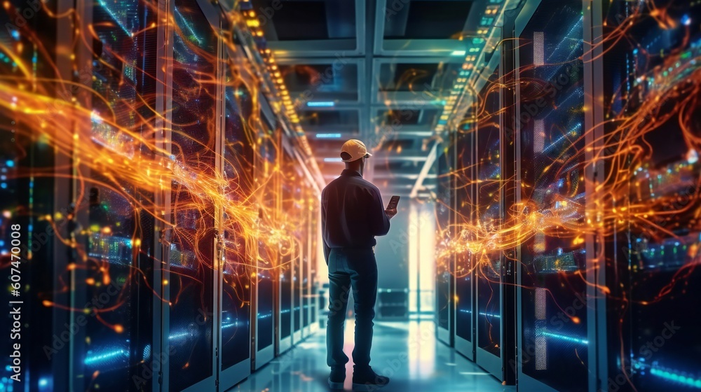 Poster network and internet communication technology concept, data center structure, server racks with tele
