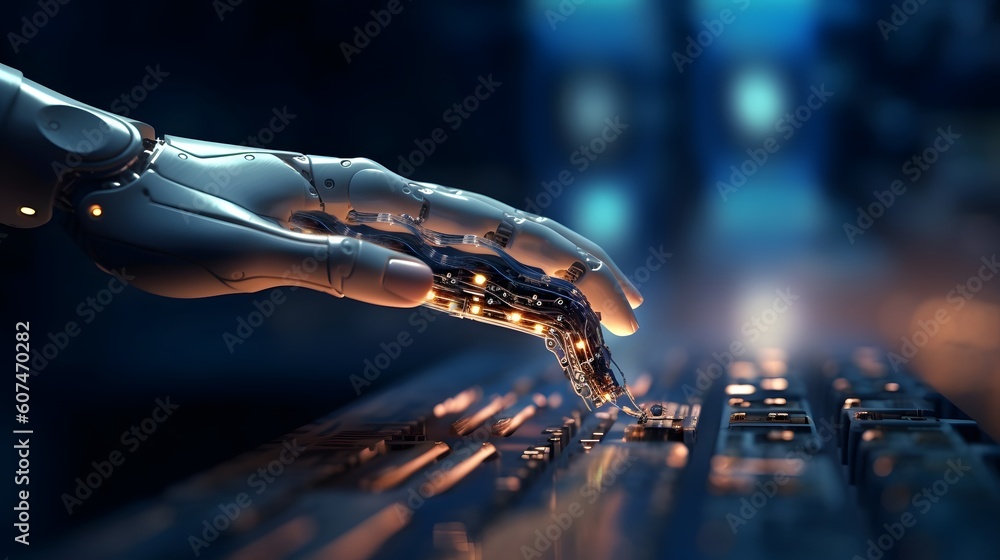 Poster synergy between a robot and a human, hand connected by a lightning bolt. it represents the integrati
