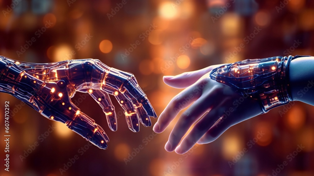 Poster synergy between a robot and a human, hand connected by a lightning bolt.. ai generative.