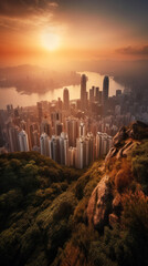 Hong Kong City Skyline seen from Kowloon Peak at Sunset