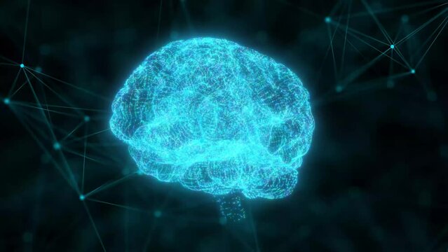 An information attack. Information flows through the image of the spinning brain. Seamless loop.