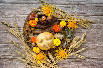 Wiccan Altar for Lammas, Lughnasadh pagan holiday. wheel of the year with ears of wheat, homemade...
