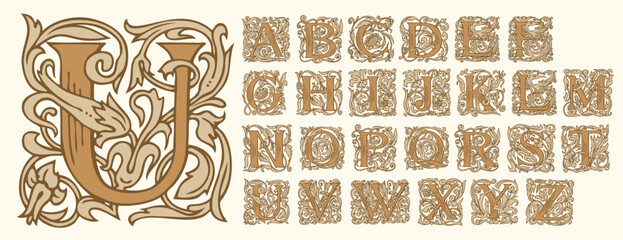 Vintage Alphabet, vector set of hand-drawn medieval, ornate initial alphabet letters. Luxury design of Beautiful royal font for card, invitation, monogram, label, logo - 607471219