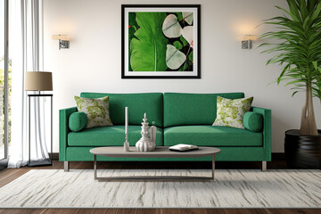 Fototapeta na wymiar Frame mockup of modern living room with green sofa. Generative AI