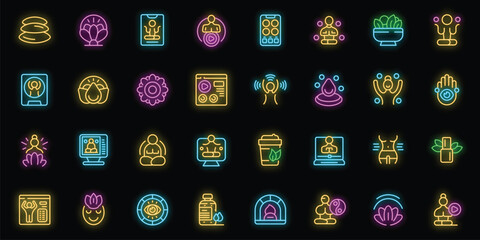 Online yoga training icons set outline vector. Yoga asana. Workout class neon color on black