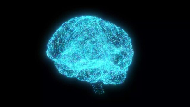 Holographic image of a rotating brain on a black background. Seamless loop.